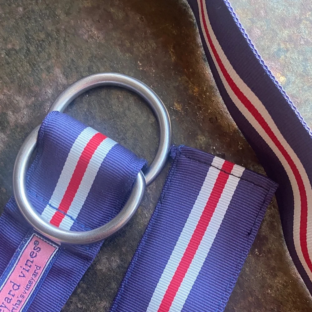 Vineyard Vines Kids D-Ring Woven Ribbon Navy Blue Belt with Red Stripe Unisex XL